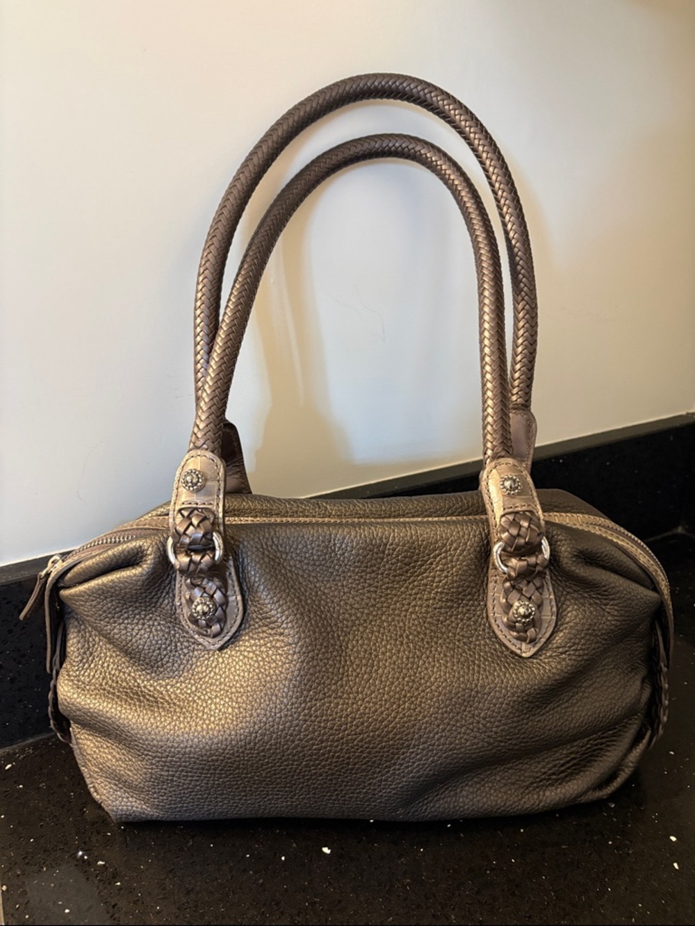 *Brighton Pebbled Leather Double Handles Satchel Handbag Metallic Bronze Hobo